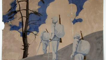 painting of three soldiers in white camo skiing